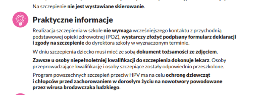 Informacje dla rodziców: Powszechny program szczepień przeciw ludzkiemu wirusowi brodawczaka (HPV) – szczepienia w szkołach